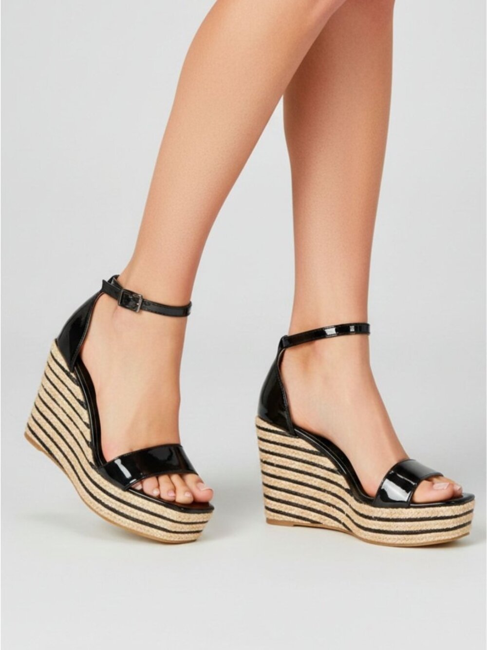 Kayleen Black Patent Espadrille Wedges With Ankle Strap Womens